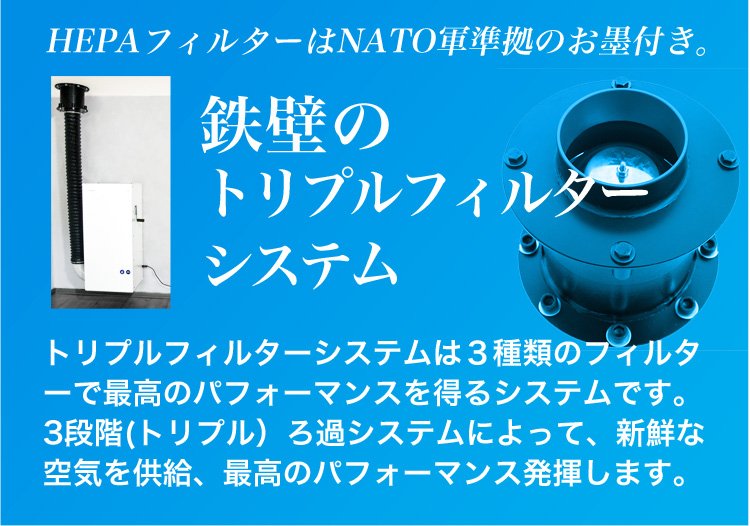 HEPAフィルターはNATO軍準拠のお墨付き。鉄壁のトリプルフィルターシステムトリプルフィルターシステムは３種類のフィルターで最高のパフォーマンスを得るシステムです。3段階(トリプル）ろ過システムによって、新鮮な空気を供給、最高のパフォーマンス発揮します。